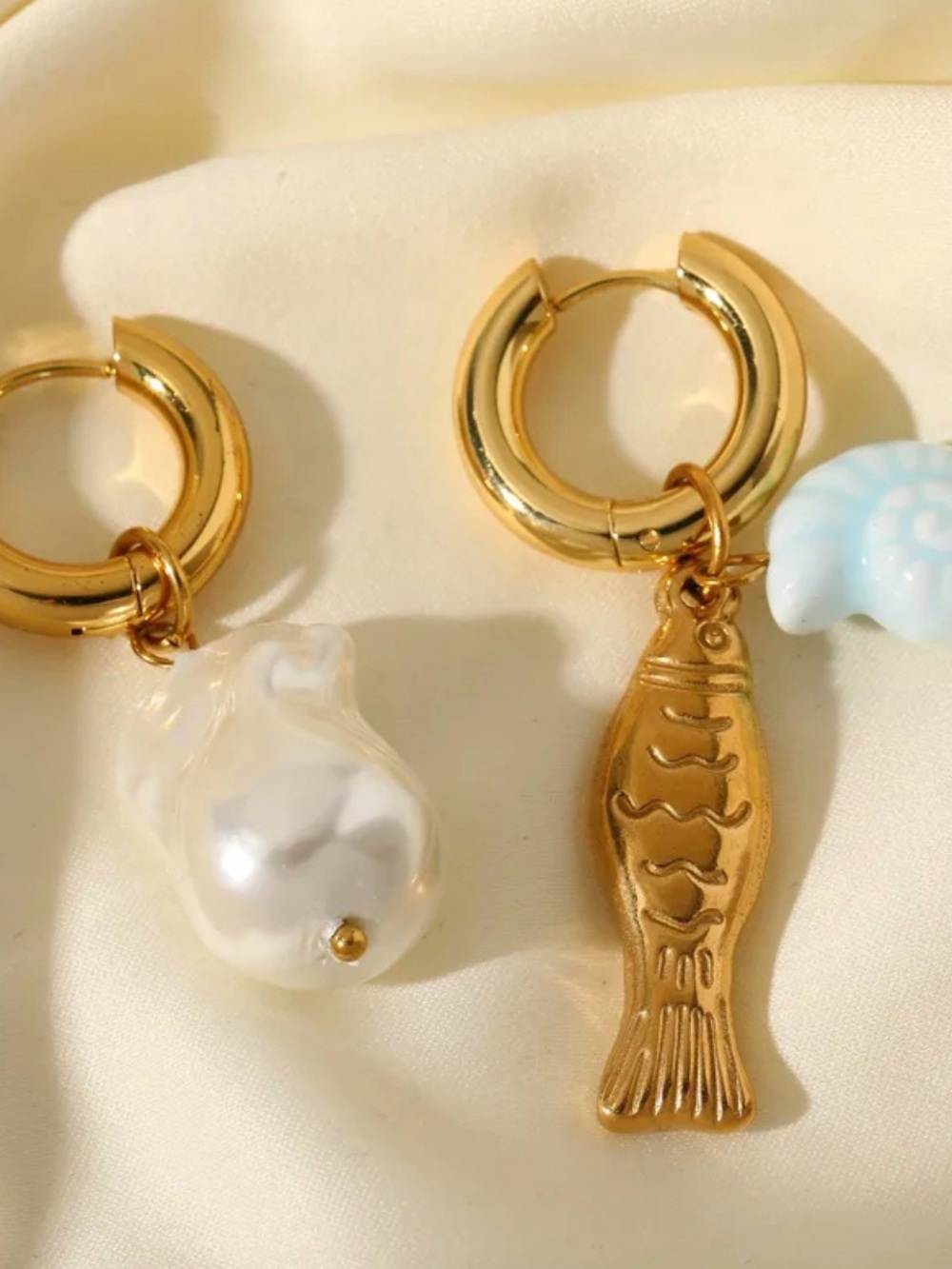 Mismatched Coastal Fish Shell Faux Pearl Gold Huggie Hoop Earrings